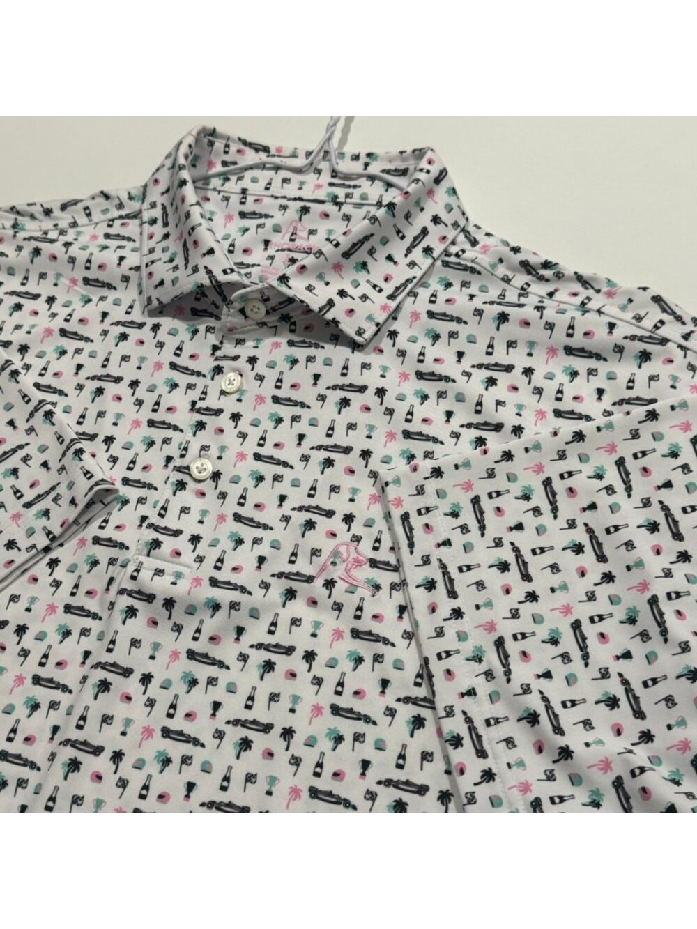 Rhoback All Over Print Stretch Performance Golf Polo L Cars Beverage Palm Trees